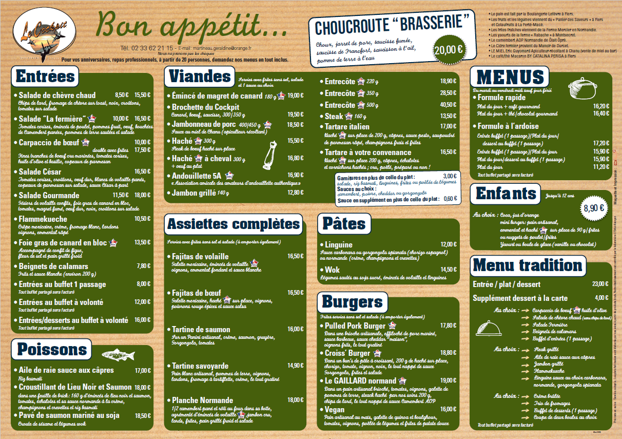Carte du restaurant le cockpit
